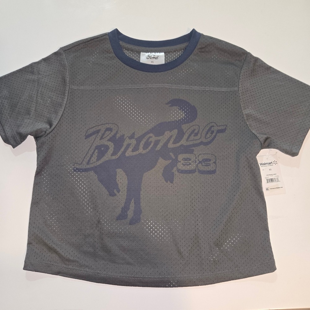 Ford Bronco Mesh Jersey Crop Top Gray Navy Blue 83 Built Wild Womens XS NWT